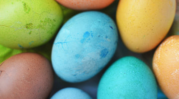 Colorful, painted Easter eggs in blue, orange, green, russet brown, and red, from FurHaven Pet Products