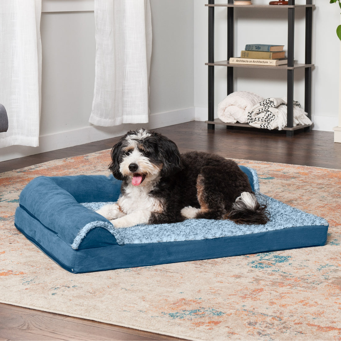 Deluxe Chaise Lounge Dog Bed - Two-Tone Faux Fur & Suede