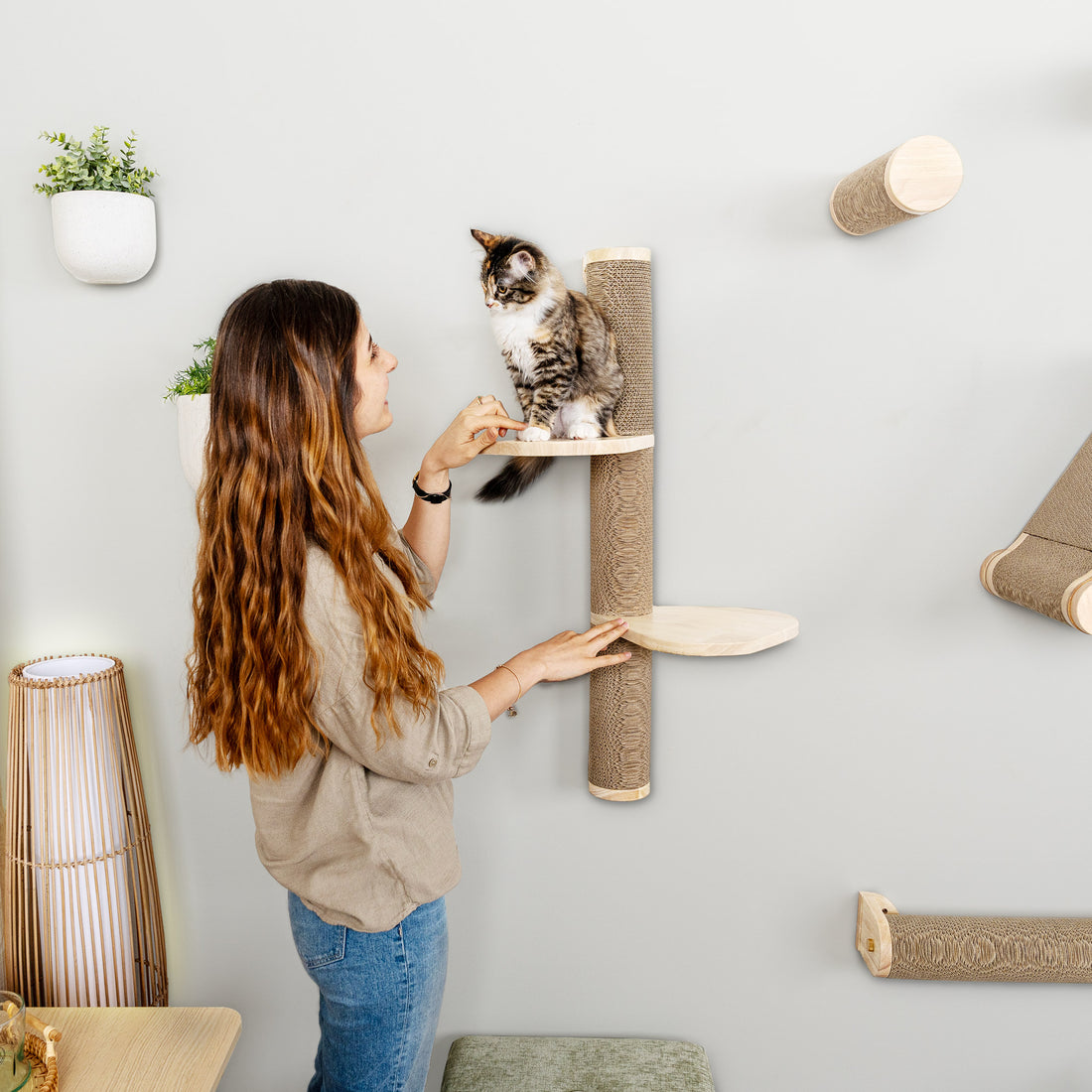 Ascentials by FurHaven Wall-Mounted Sunrise Steps Corrugated Cat Post with Perches (34”)